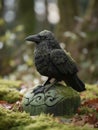 A raven caws from atop a mossy avestone its beady eyes scanning the fogdrenched aveyard. Gothic art. AI generation