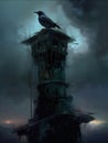 A raven croaks from the top of a tall looming tower its haunting call echoing through the night. Gothic art. AI