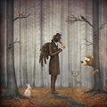 Raven in dark forest looks at the watch Royalty Free Stock Photo