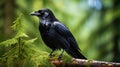 Raven in dark green forest. Young common raven, Corvus corax, also known as northern raven. Black bird looking for food