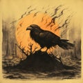 Raven On Fire: Dark Yellow And Light Bronze Crow Illustration For Cumbia Band Disc Cover