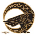 Raven hand-drawn in Celtic style, on the background of the Celtic moon ornament