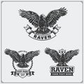 Raven heraldry coat of arms. Labels, emblems and design elements for sport club.