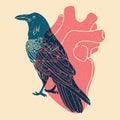Raven and human heart. Colorful cute screen printing effect. Royalty Free Stock Photo