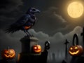 raven perched in grave with halloween pumpkin and yellow moon background ai generated Royalty Free Stock Photo