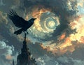 Raven Perched on Tower Against Swirling Sky Royalty Free Stock Photo