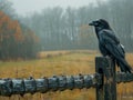 A raven sits on a fence on a gloomy winter day against a stormy sky.