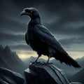 Raven sitting on rock in the night during full moon. Generative AI Royalty Free Stock Photo