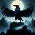 Raven sitting on rock in the night during full moon. Generative AI Royalty Free Stock Photo