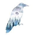 A raven with watercolor landscape inside