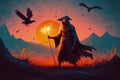 Raven wizard casting enchantment in the enigmatic meadow during solar eclipse Royalty Free Stock Photo