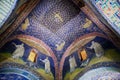 Interior of the Mausoleum of Galla Placidia, chapel embellished with colorful mosaics in Ravenna, Italy.