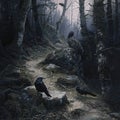 Ravens Nesting Alongside a Winding Trail in the Hallowed Forest Royalty Free Stock Photo