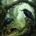 Ravens Nesting Alongside a Winding Trail in the Hallowed Forest Royalty Free Stock Photo