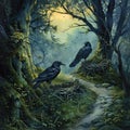 Ravens Nesting Alongside a Winding Trail in the Hallowed Forest Royalty Free Stock Photo