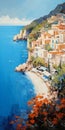 Mediterranean Neighborhood: A High-detailed Painting Of Azure And Amber Beach Royalty Free Stock Photo