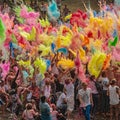 Raving crowd of young people in the Holi Festival, a popular ancient Indian Hindu celebration of colors, life and joy, Magdeburg Royalty Free Stock Photo