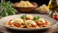 Ravioli with bolognese sauce and Parmesan cheese on a plate on a wooden table Royalty Free Stock Photo