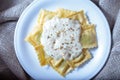 Ravioli fresh pasta dish with cheese sauce and oregano as seen from above