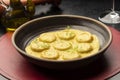 Ravioli pasta egg yolk raviolo stuffed with sauce gravy Royalty Free Stock Photo