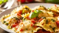 Ravioli pasta meal from Italy eat for lunch dish with fork and tomato sauce. Ai Generative Royalty Free Stock Photo