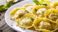 Ravioli pasta meal from Italy eat for lunch dish with fork and tomato sauce. Ai Generative Royalty Free Stock Photo