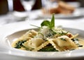 Ravioli pasta with spinach on plate in fine dining restaurant.Macro.AI Generative