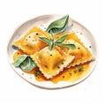 Ravioli pasta with tomato sauce and basil. Watercolor hand drawn illustration