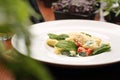 Ravioli pasta in white cream sauce with green leaves ,tomatoes and grated cheese, on a white plate, selective focus. Royalty Free Stock Photo