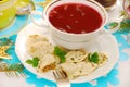 Ravioli (pierogi) and red borscht for christmas Royalty Free Stock Photo