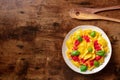 Ravioli with red tomato sauce and basil, overhead flat lay shot with copy space Royalty Free Stock Photo