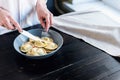 Ravioli with ricotta cheese, yolks quail eggs and spinach with spices. Royalty Free Stock Photo