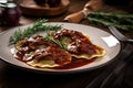Ravioli stuffed with tender braised beef, served with rich red wine sauce and garnished with rosemary sprigs