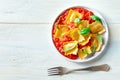 Ravioli with tomato sauce and fresh basil, Italian dumplings, top shot Royalty Free Stock Photo