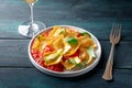 Ravioli with tomato sauce and fresh basil leaves on a plate, Italian dinner Royalty Free Stock Photo