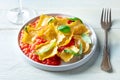 Ravioli with tomato sauce and fresh basil leaves on a plate, Italian dinner Royalty Free Stock Photo