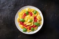 Ravioli with tomato sauce and fresh basil on a plate, shot from the top Royalty Free Stock Photo