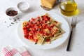 Ravioli with tomato sauce, spinach and parmesan cheese. Healthy eating. Vegetarian food. Italian cuisine Royalty Free Stock Photo