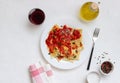 Ravioli with tomato sauce, spinach and parmesan cheese. Healthy eating. Vegetarian food. Italian cuisine Royalty Free Stock Photo