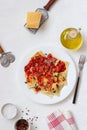 Ravioli with tomato sauce, spinach and parmesan cheese. Healthy eating. Vegetarian food. Italian cuisine Royalty Free Stock Photo