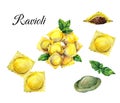 Ravioli watercolor illustration. Italian food.