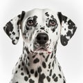 Ravishing adorable dalmatian dog portrait on white isolated background.