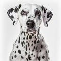 Ravishing adorable dalmatian dog portrait on white isolated background.