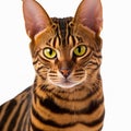 Ravishing adorable toyger cat portrait on white isolated background.