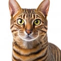 Ravishing adorable toyger cat portrait on white isolated background.