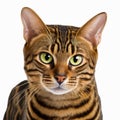 Ravishing adorable toyger cat portrait on white isolated background.