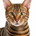 Ravishing adorable toyger cat portrait on white isolated background.