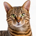 Ravishing adorable toyger cat portrait on white isolated background.