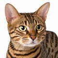 Ravishing adorable toyger cat portrait on white isolated background.