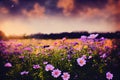 Ravishing closeup flower scenery in natural landscape with starry night sky.